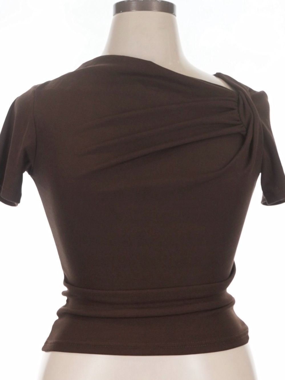 Brown Short-Sleeve Asymmetrical Draped Top L XL